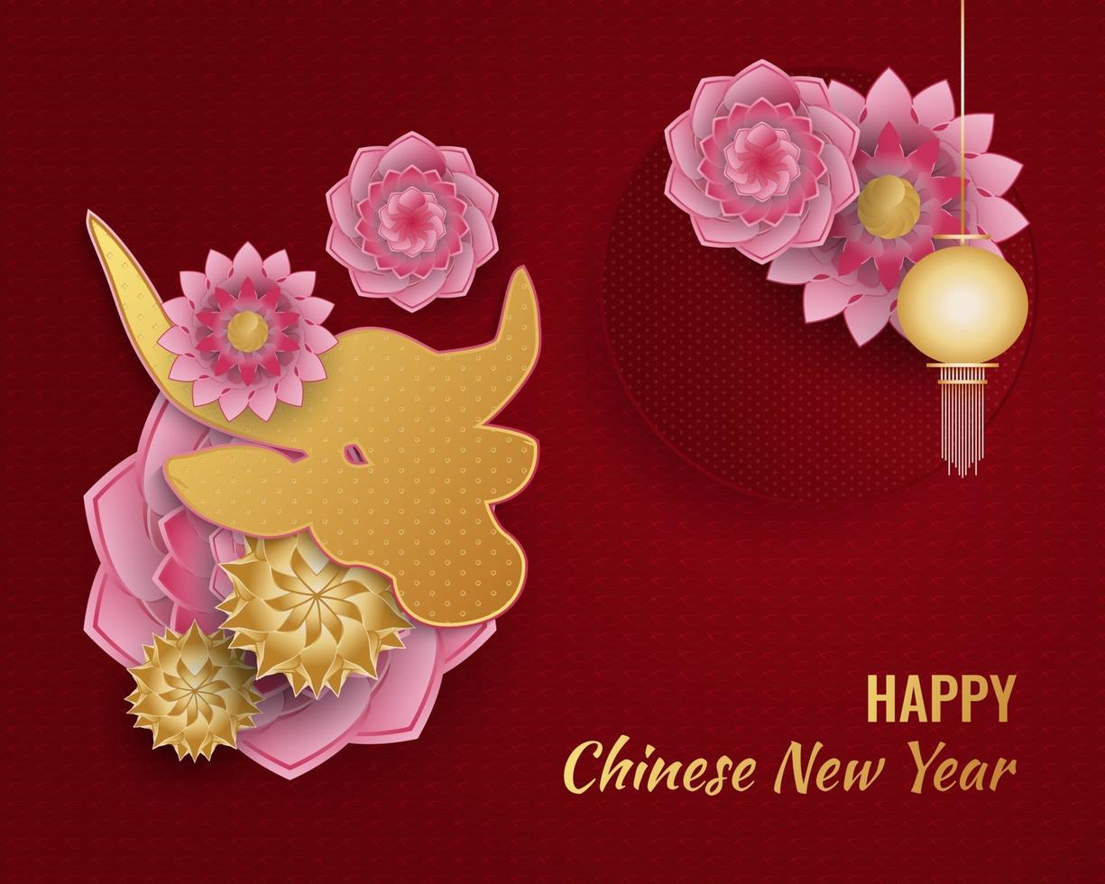 año nuevo chino 2021 año del buey. Feliz año nuevo lunar banner con buey dorado y linterna y adornos de flores de colores sobre fondo rojo. vector