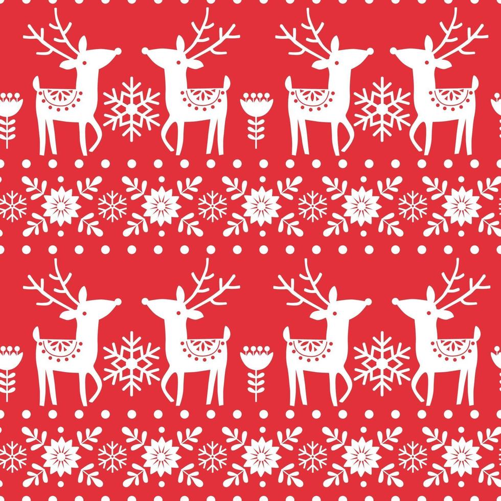 Christmas winter seamless pattern with white reindeer, flowers, snowflakes on red background. vector