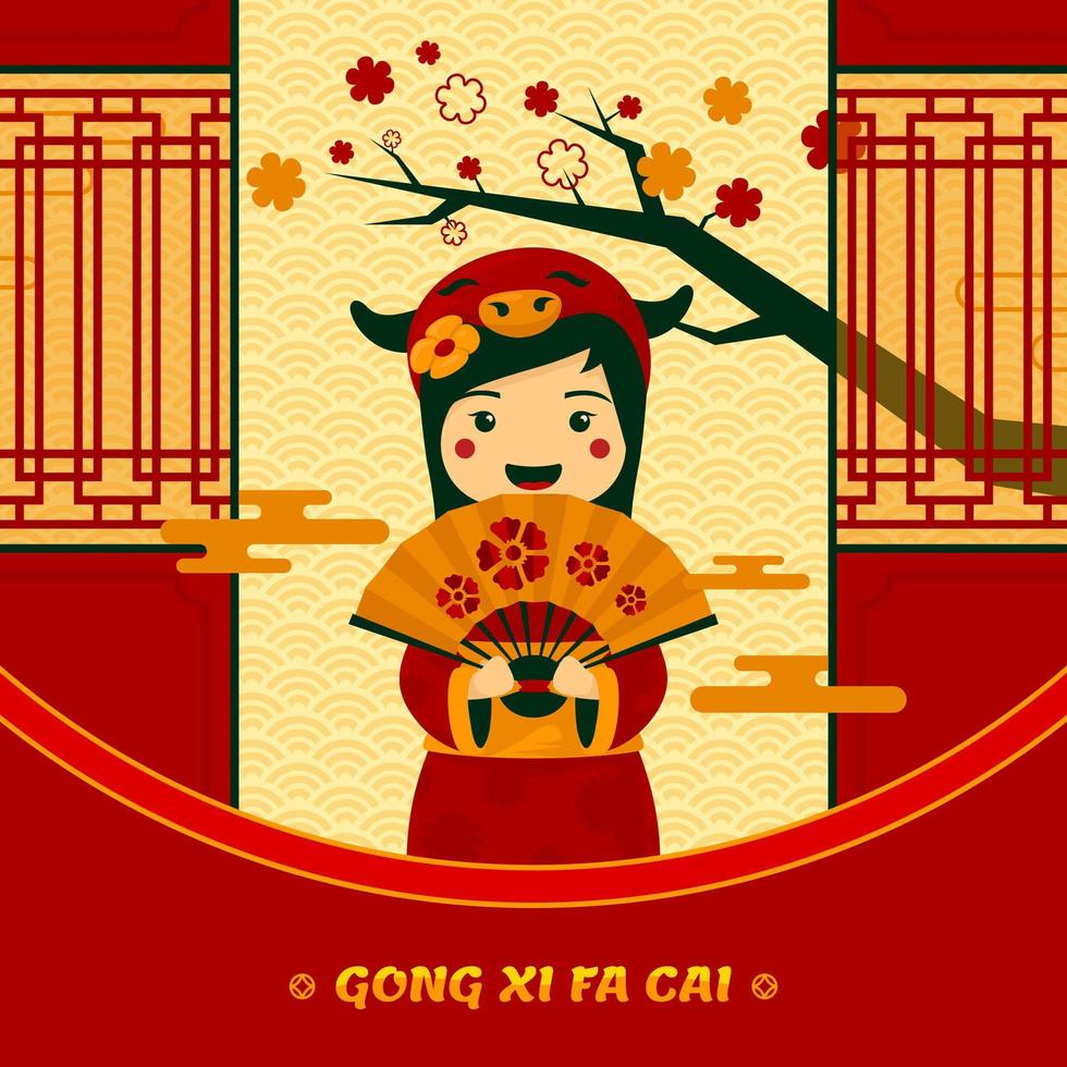 Gong Xi Fa Cai Little Girl with Chinese Costume vector
