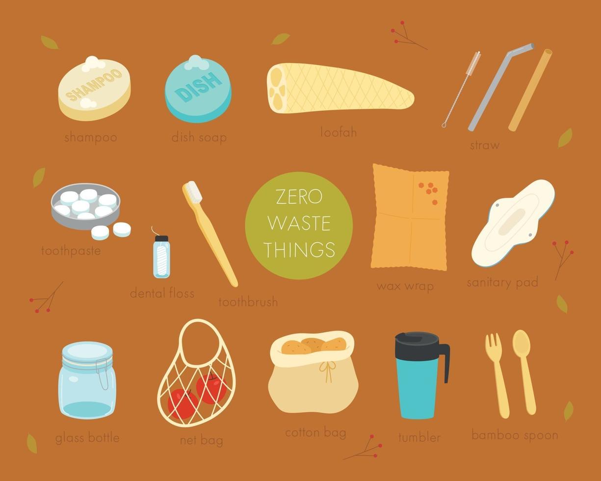 A collection of zero waste products. flat design style minimal vector illustration.