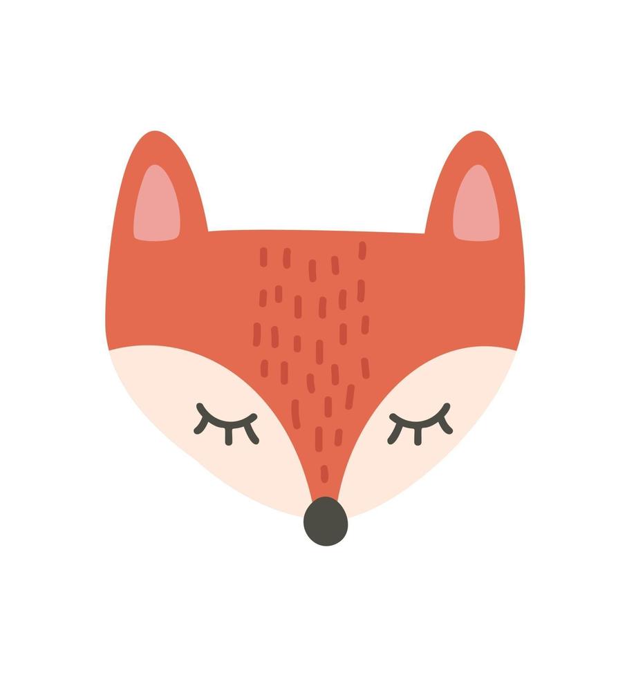 Cute fox cartoon scandinavian vector illustration, cartoon animal portrait with sleepy fox face nordic