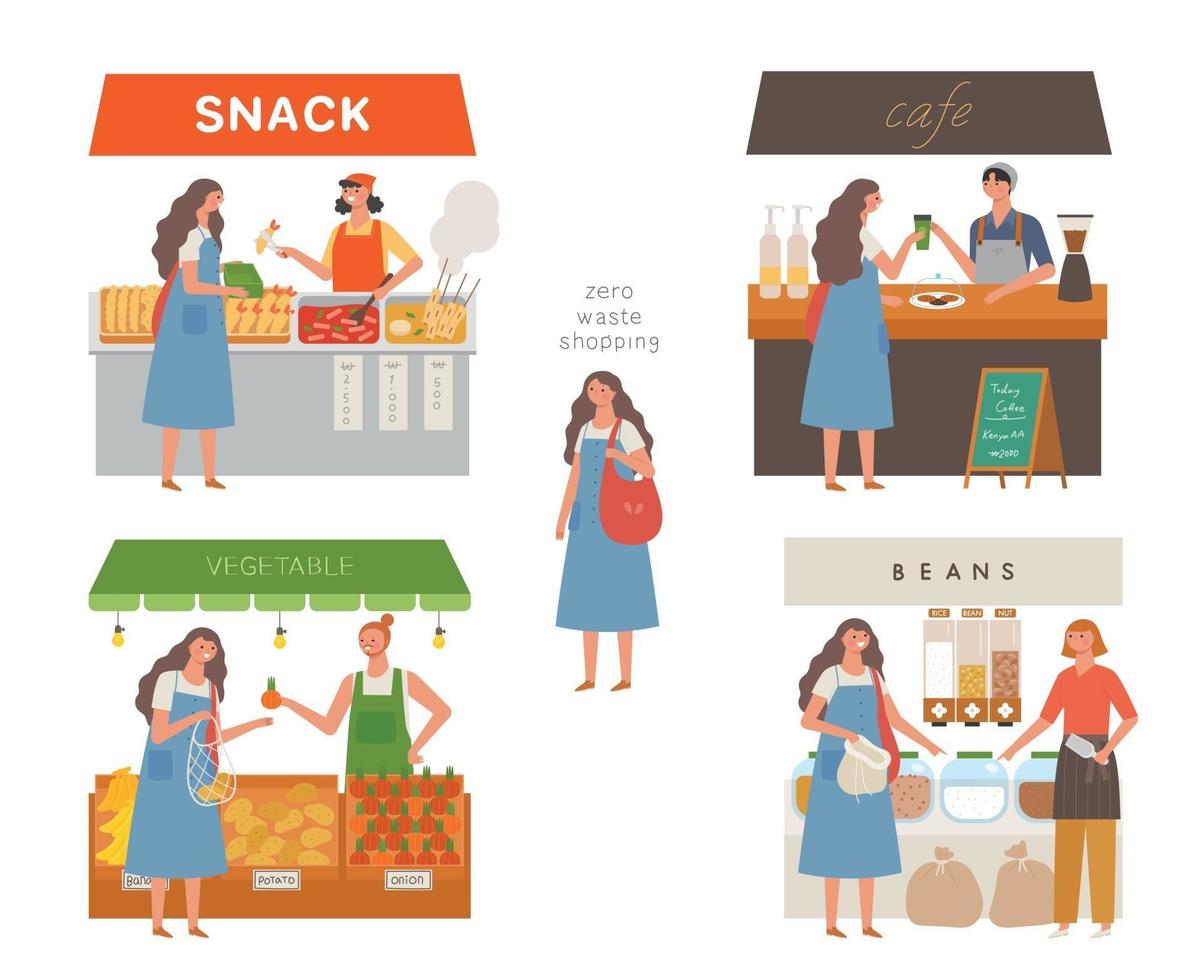 zero waste lifestyle. A woman is shopping with a cloth bag. flat design style minimal vector illustration.