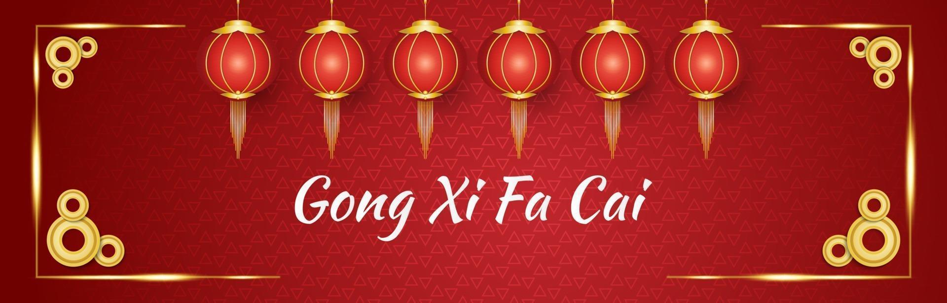 Gong xi fa cai greeting banner with red and gold lanterns and coins on a red ornamental background vector
