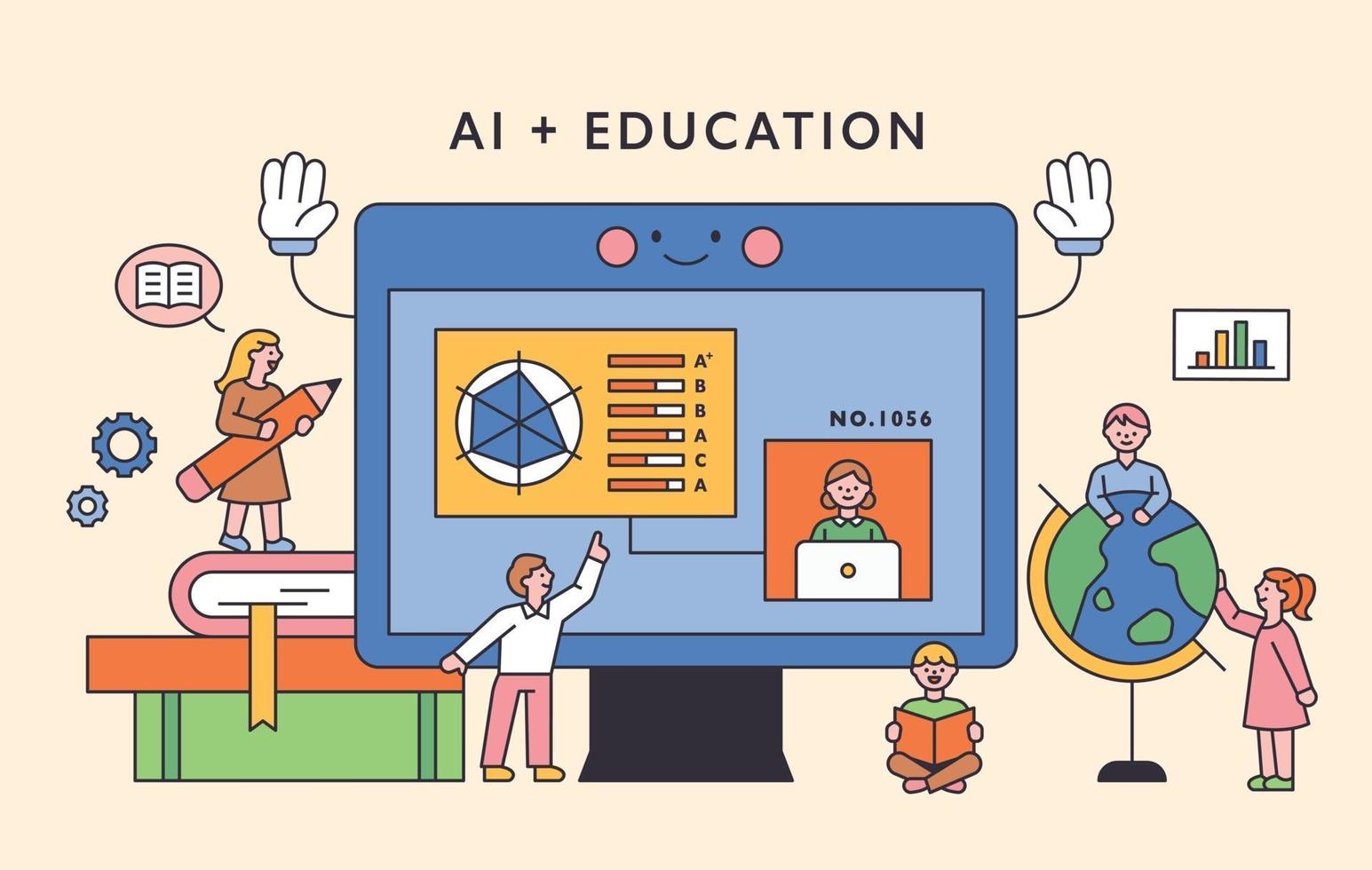 Children are studying around a large computer monitor. flat design style minimal vector illustration.