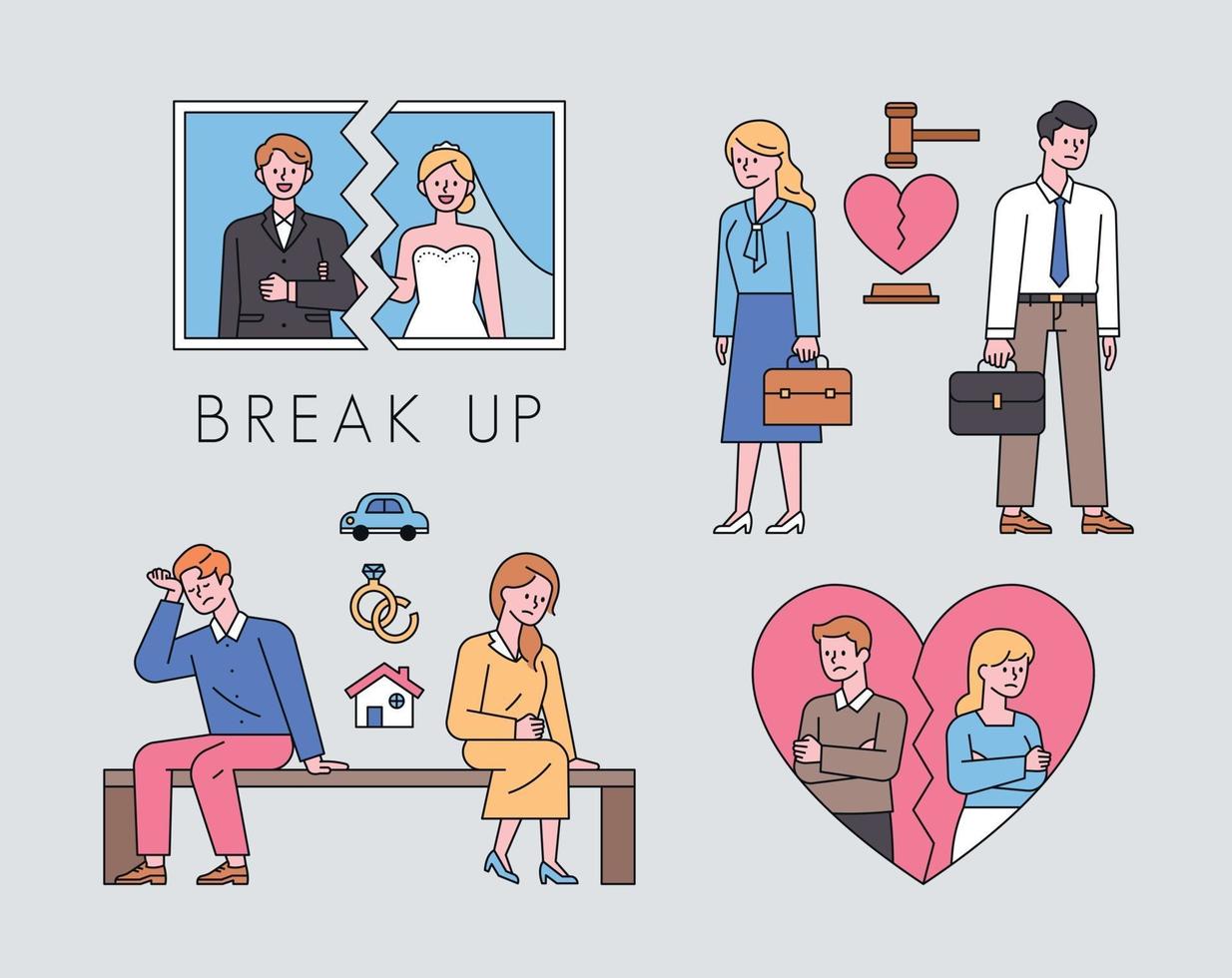 Collection of divorced couples. Wedding photos are torn, divorce lawsuits, property splits, and love cracking. flat design style minimal vector illustration.