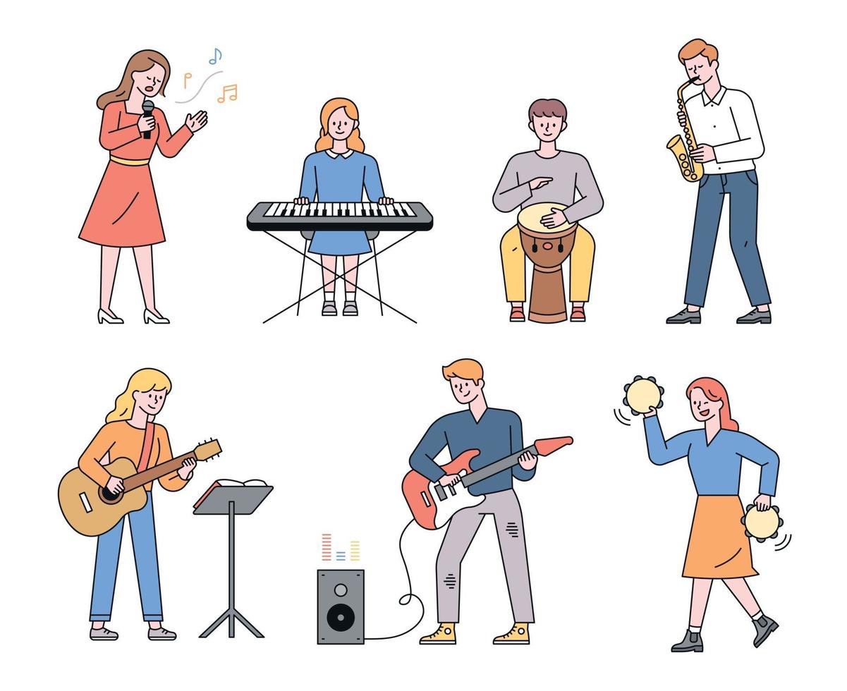 Young musicians playing various instruments such as keyboard, tambourine, trumpet, djembe, guitar flat design style minimal vector illustration.