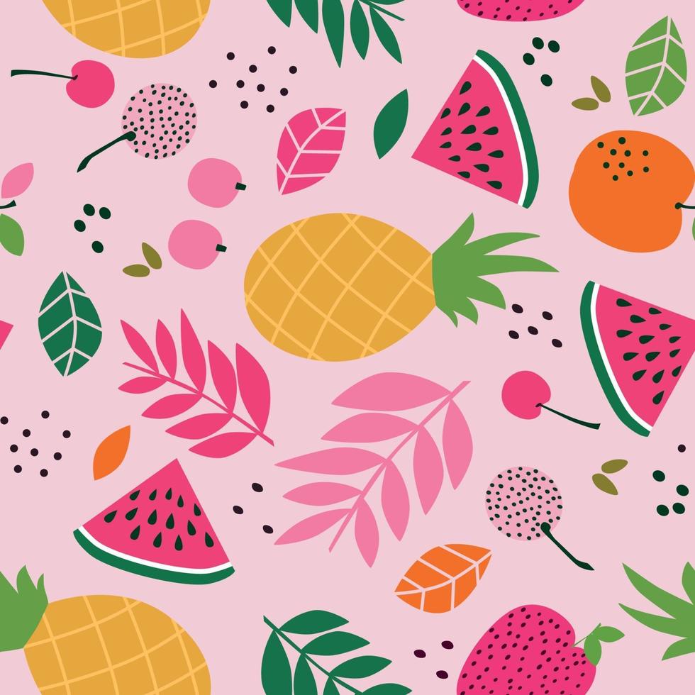 Seamless tropical pattern with watermelon, pineapple and leaves on pink background. Vector illustration.