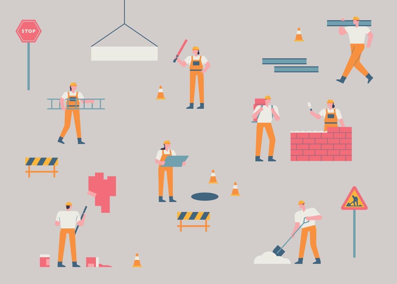 Workers at the construction site. A construction site where small and simple human characters are doing their jobs. flat design style minimal vector illustration.