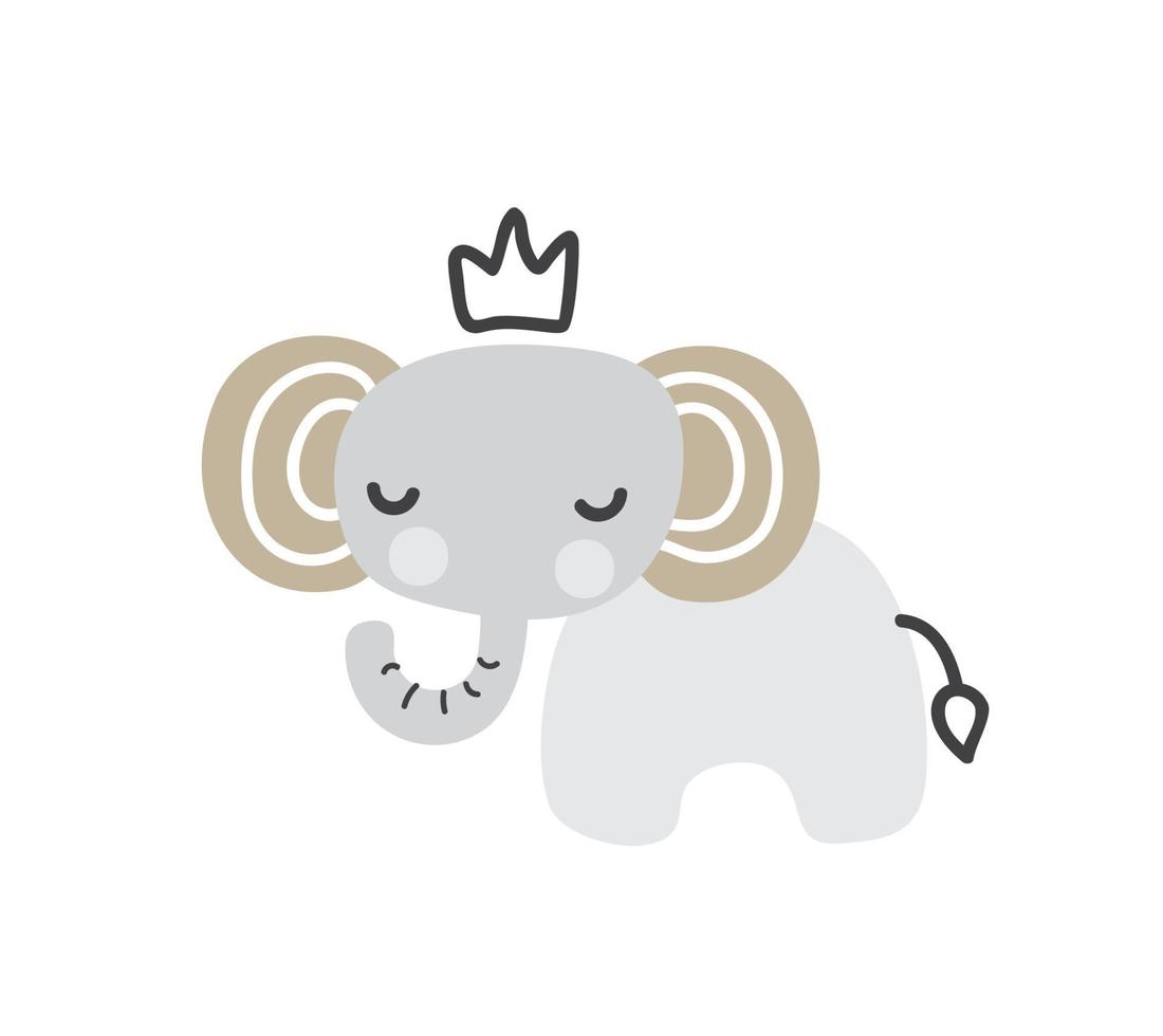 Cute kids elephant with crown. Scandinavian style. Baby illustration. Design for birthday invitation or baby shower, poster, clothing, nursery wall art and postcard vector