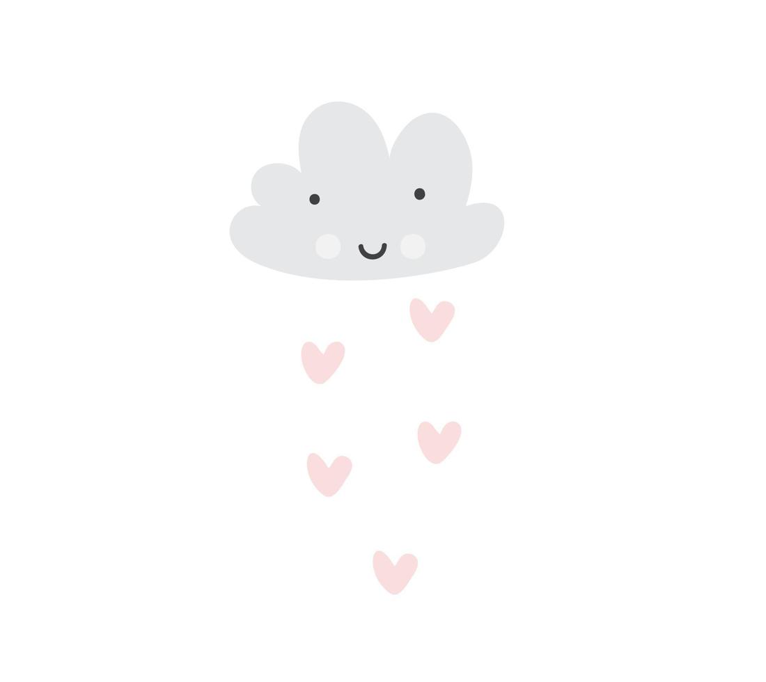 Vector cartoon illustration with cute sleeping cloud and rain of hearts. Scandinavian style nursery art. Valentines Day card