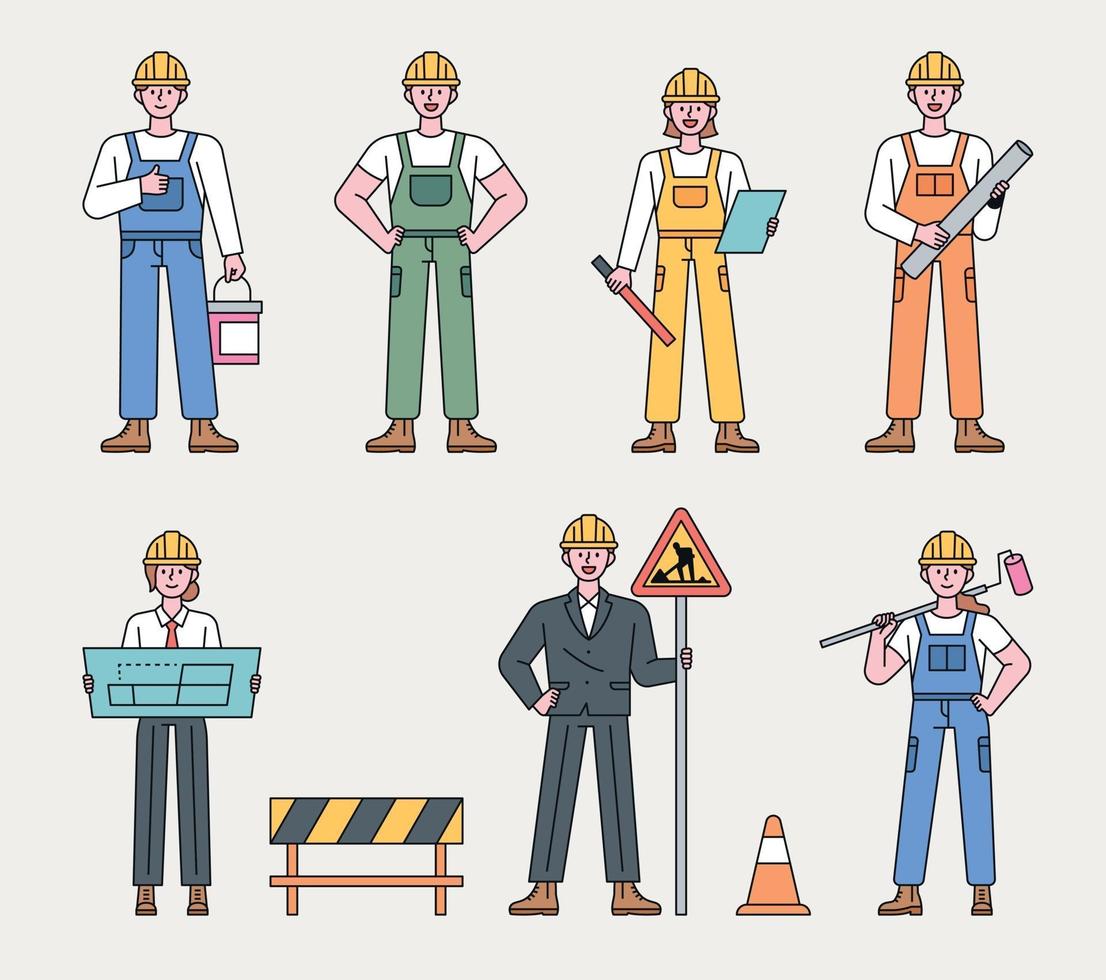 carácter trabajador en el sitio de construcción. los trabajadores de la construcción en varias posiciones están de pie con sus propias herramientas. Ilustración de vector mínimo de estilo de diseño plano.