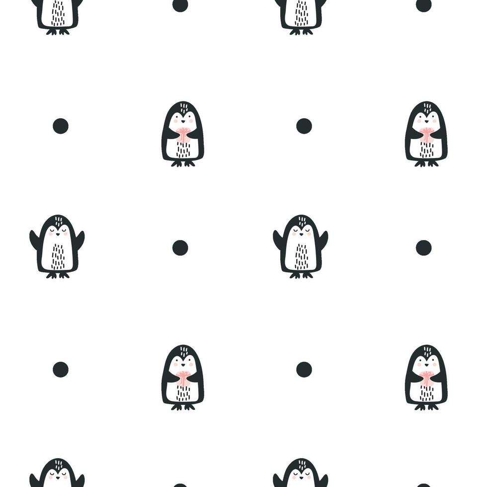 Scandinavian hand drawn vector Funny Penguin with a gift seamless pattern. Cute doodle modern isolated pop art elements nordic
