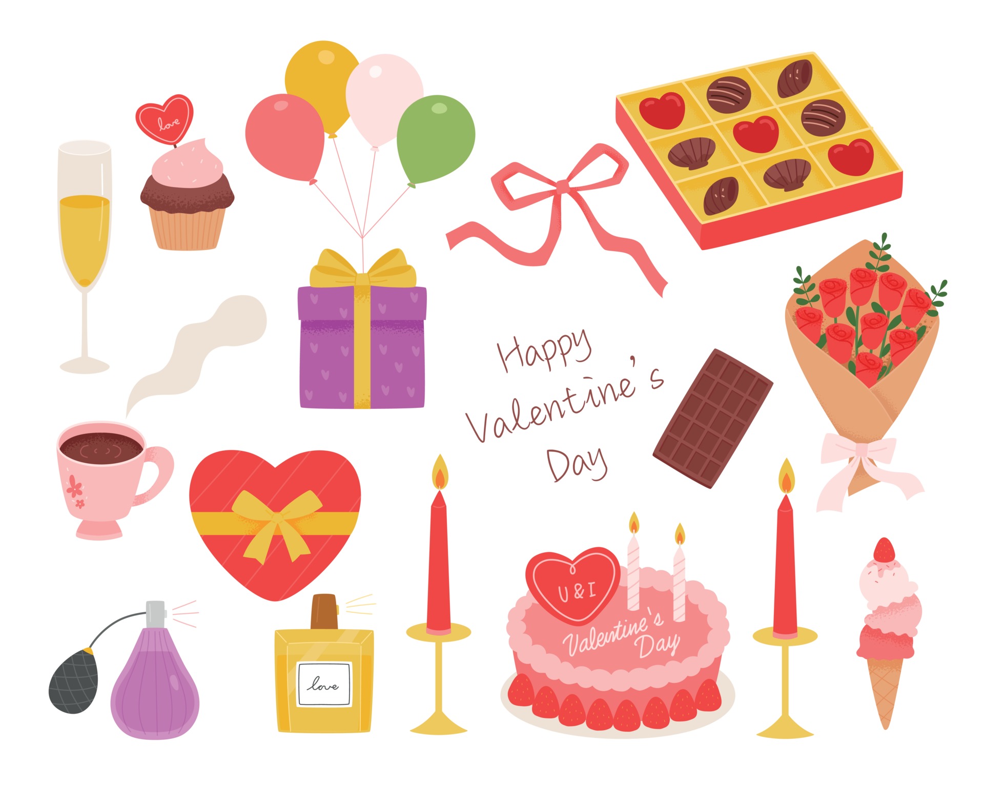 Things prepared for Valentine's Day. Romantic food and gifts. flat