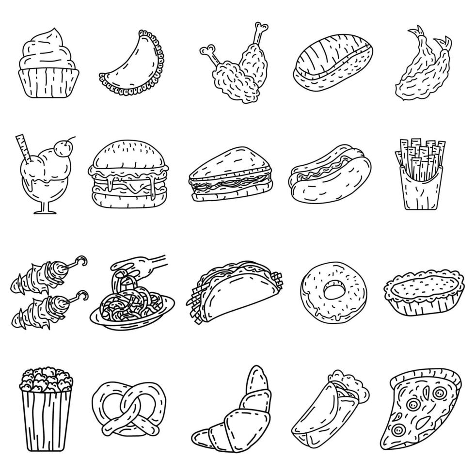 conjunto de iconos de comida. Doodle dibujado a mano o estilo de icono de contorno negro vector