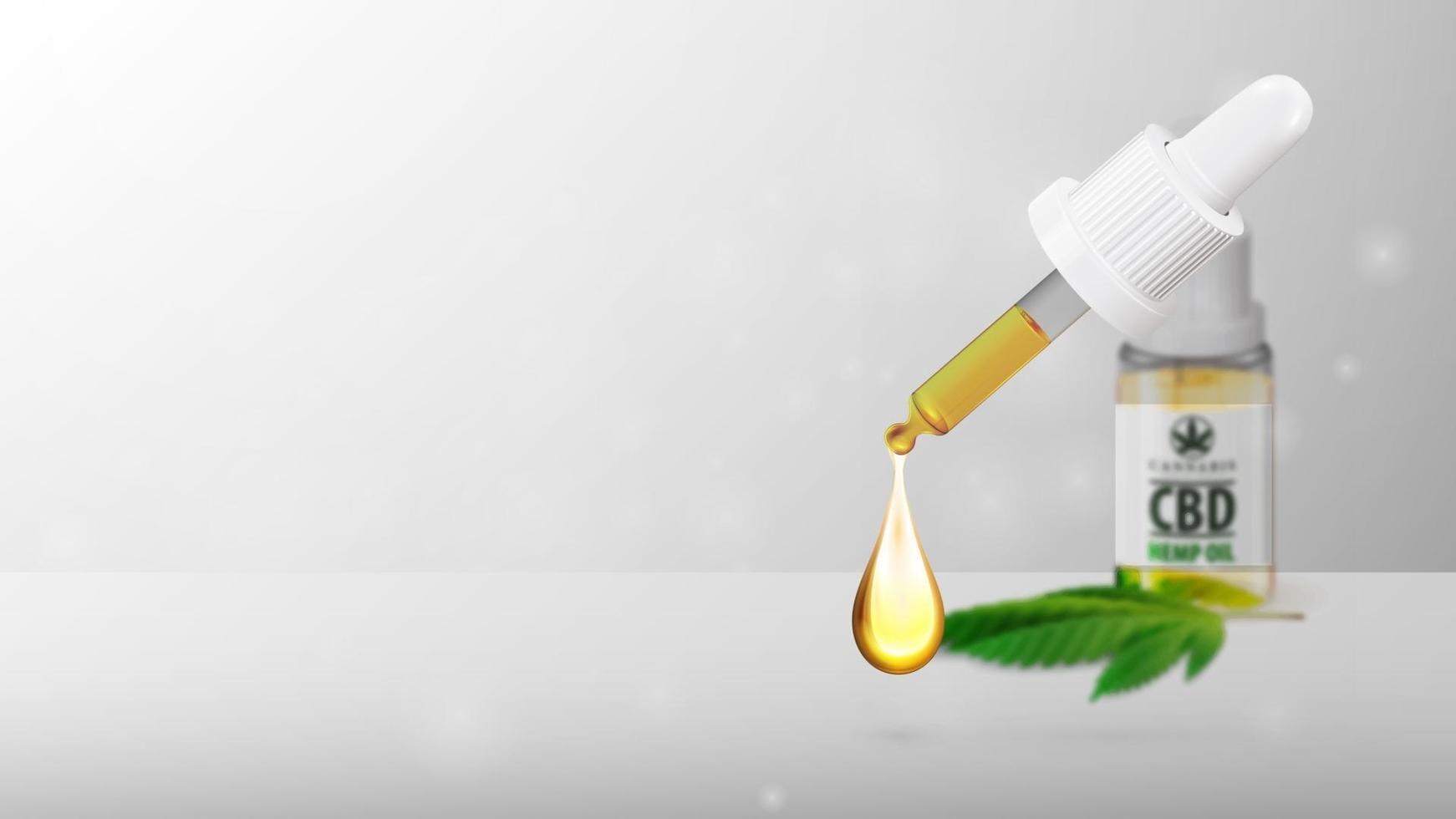 Plantilla en blanco blanco con botella de vidrio transparente de aceite de CBD médico y hoja de cáñamo con pipeta vector