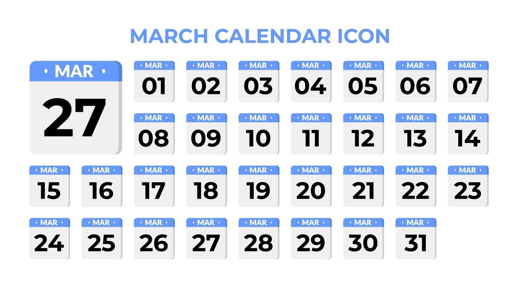 March calendar icon, set on blue vector