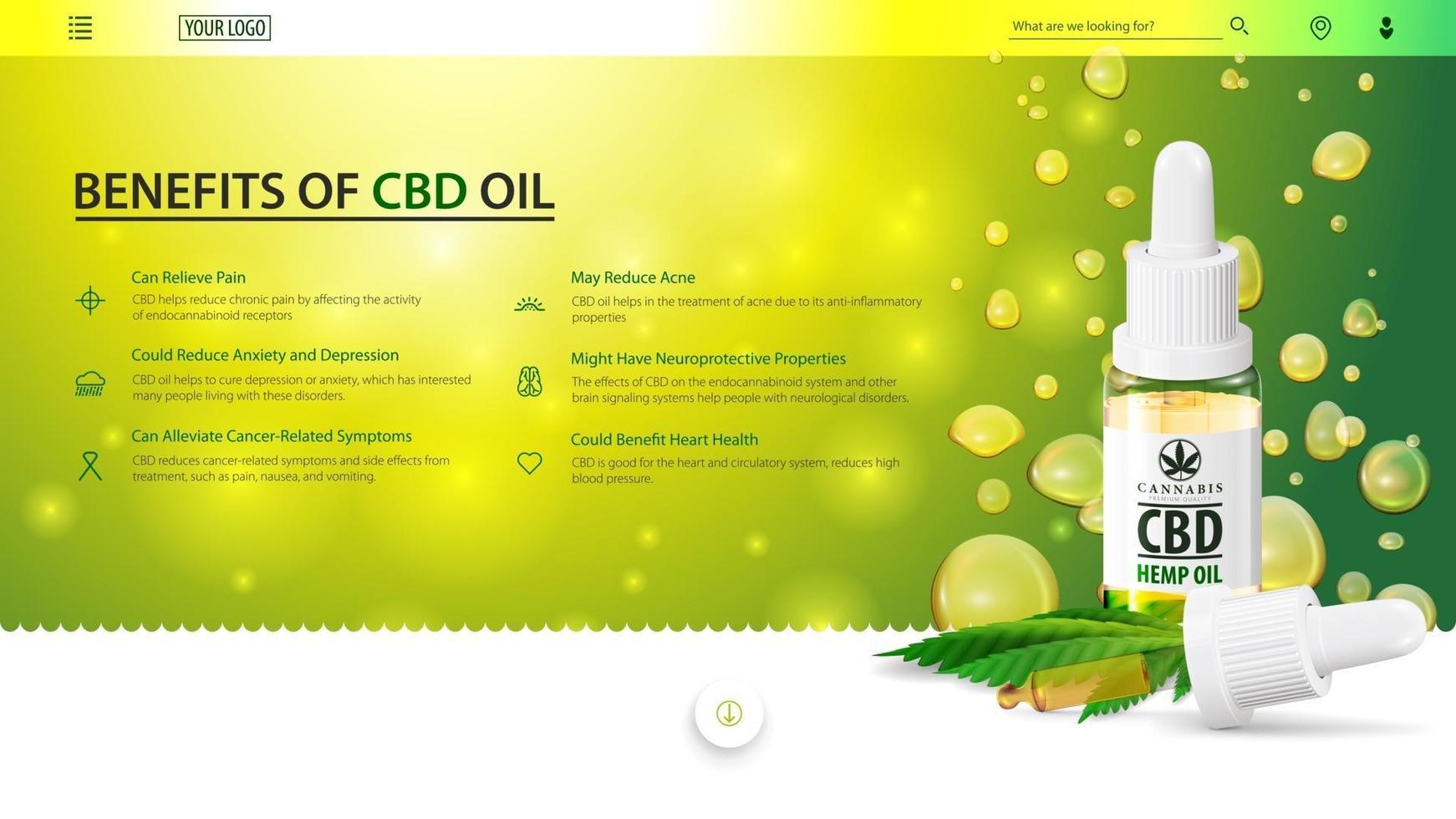 Green web banner for website with glass bottle of CBD oil, hemp leaf and pipette on background of oil drops. vector