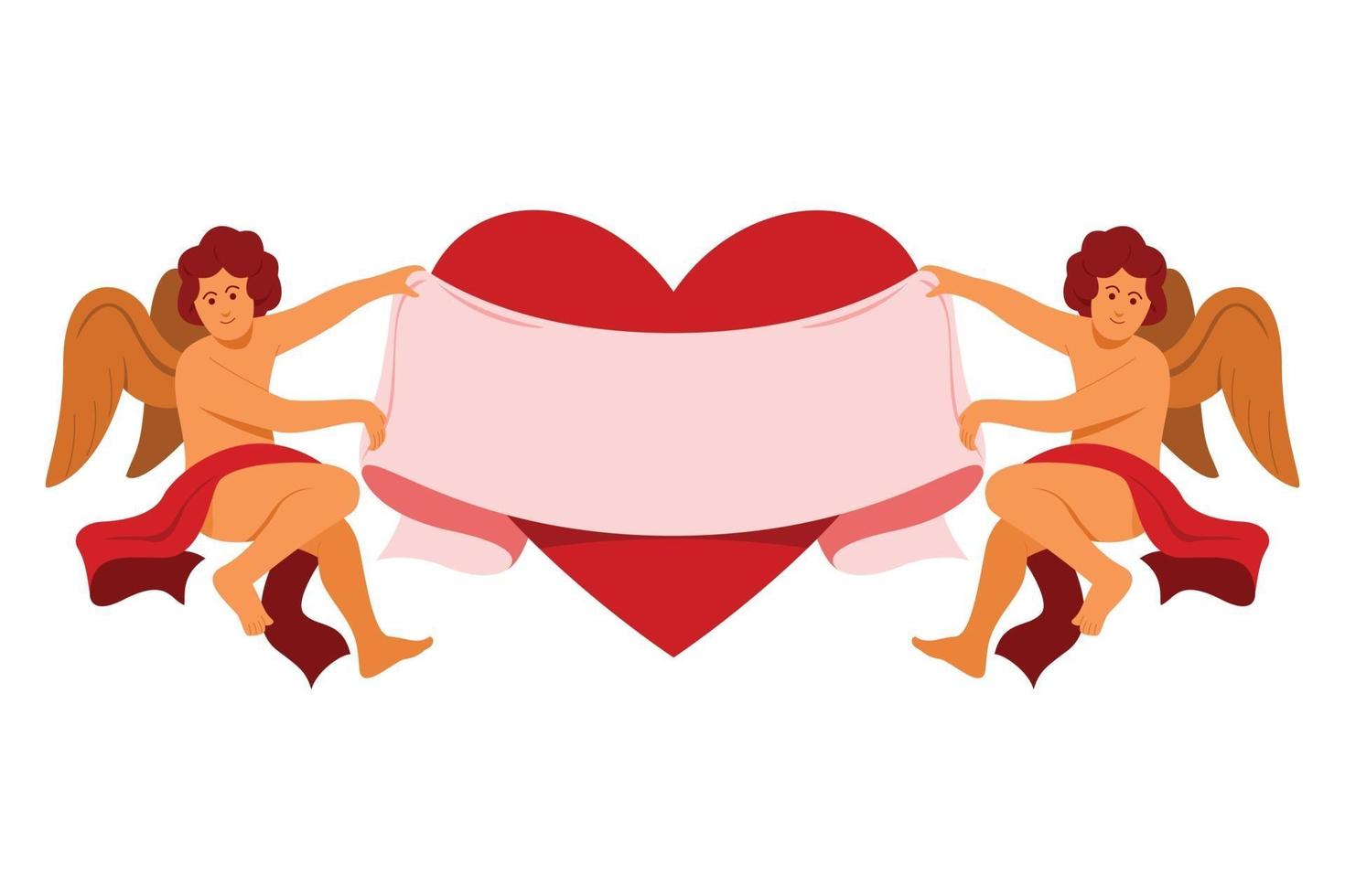 The Duo Angel Hold a Big Ribbon and Heart for the Valentine Decoration. vector