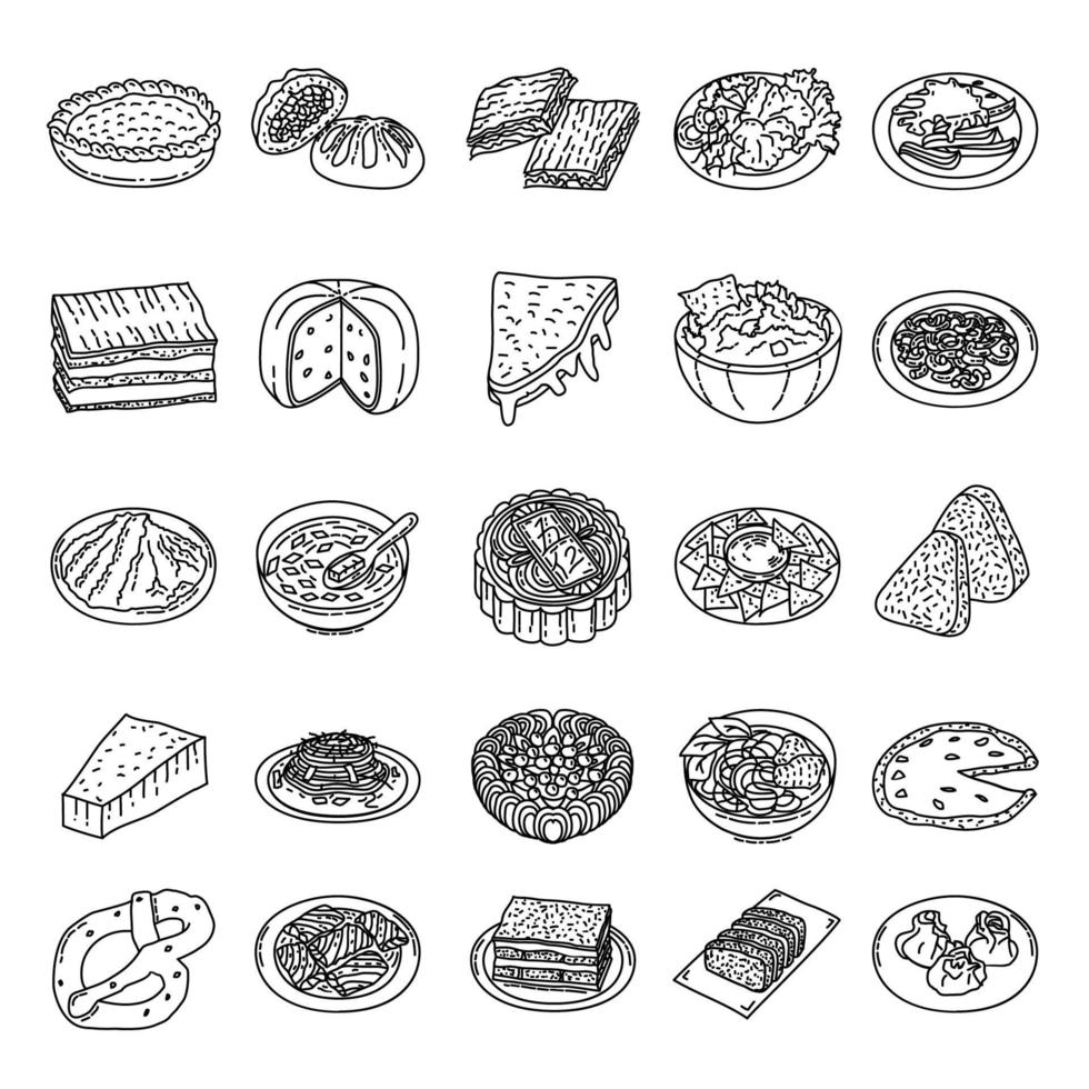 alimentos famosos establecer vector icono. Doodle dibujado a mano o estilo de icono de contorno