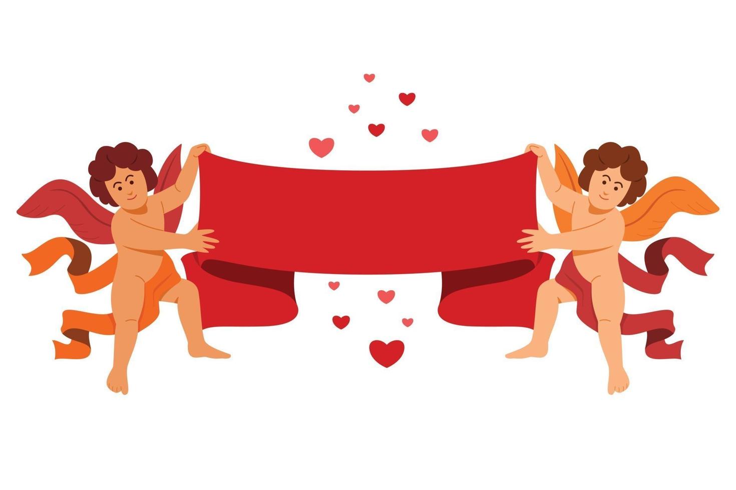 The Duo Angel Hold a Big Ribbon and Hearts for the Valentine Decoration. vector