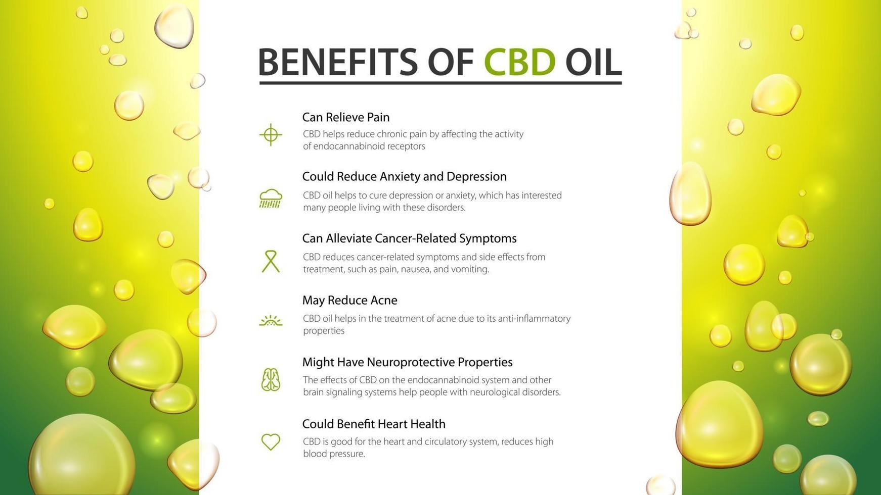 Web banner with white large stripe in the middle and oil drops. Medical uses for CBD oil, benefits of use CBD oil. vector