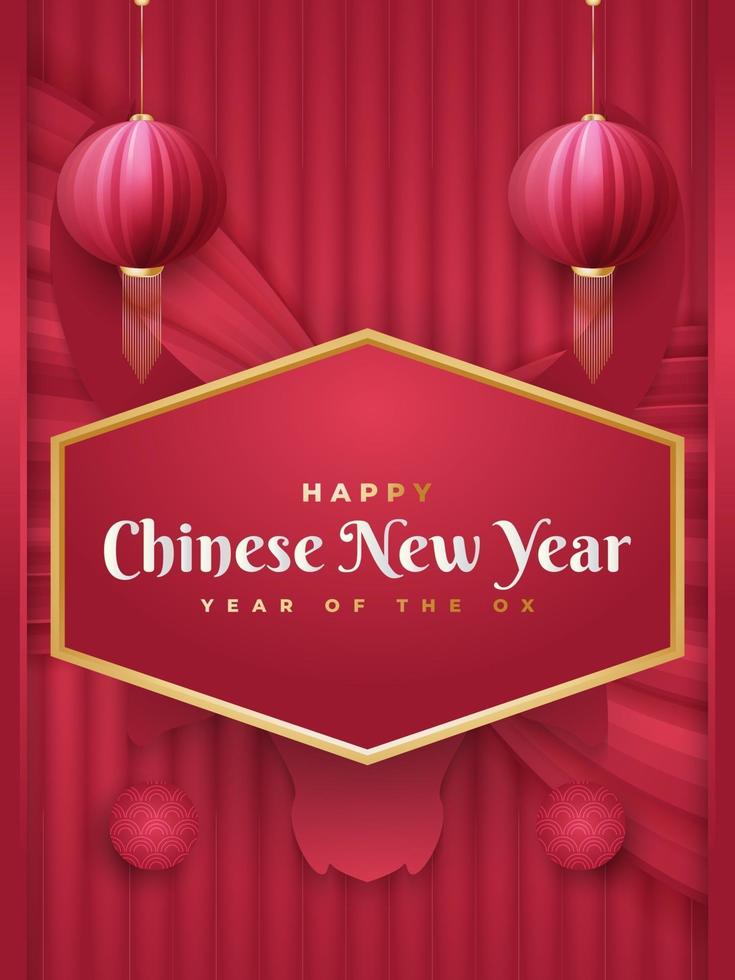 Chinese New Year greeting card or poster with golden lanterns on red paper background vector