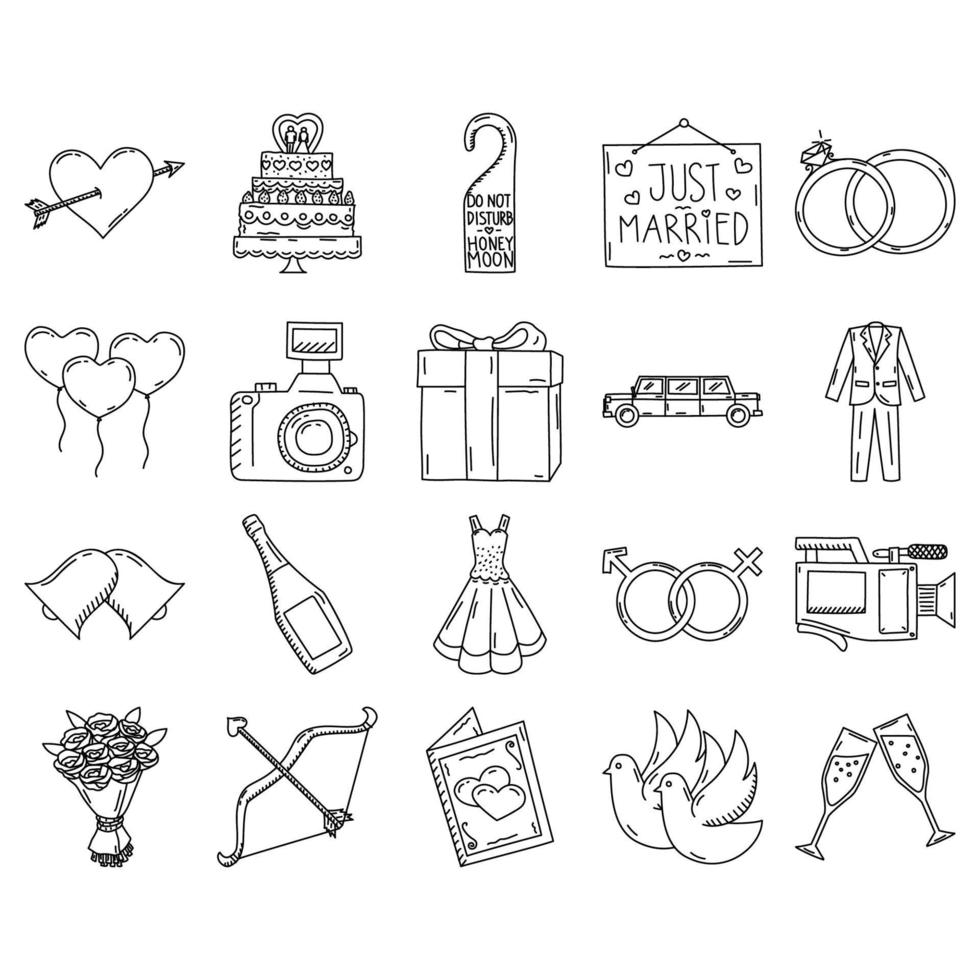 Wedding Icon Set. Doddle Hand Drawn or Black Outline icon Style. Vector Icon