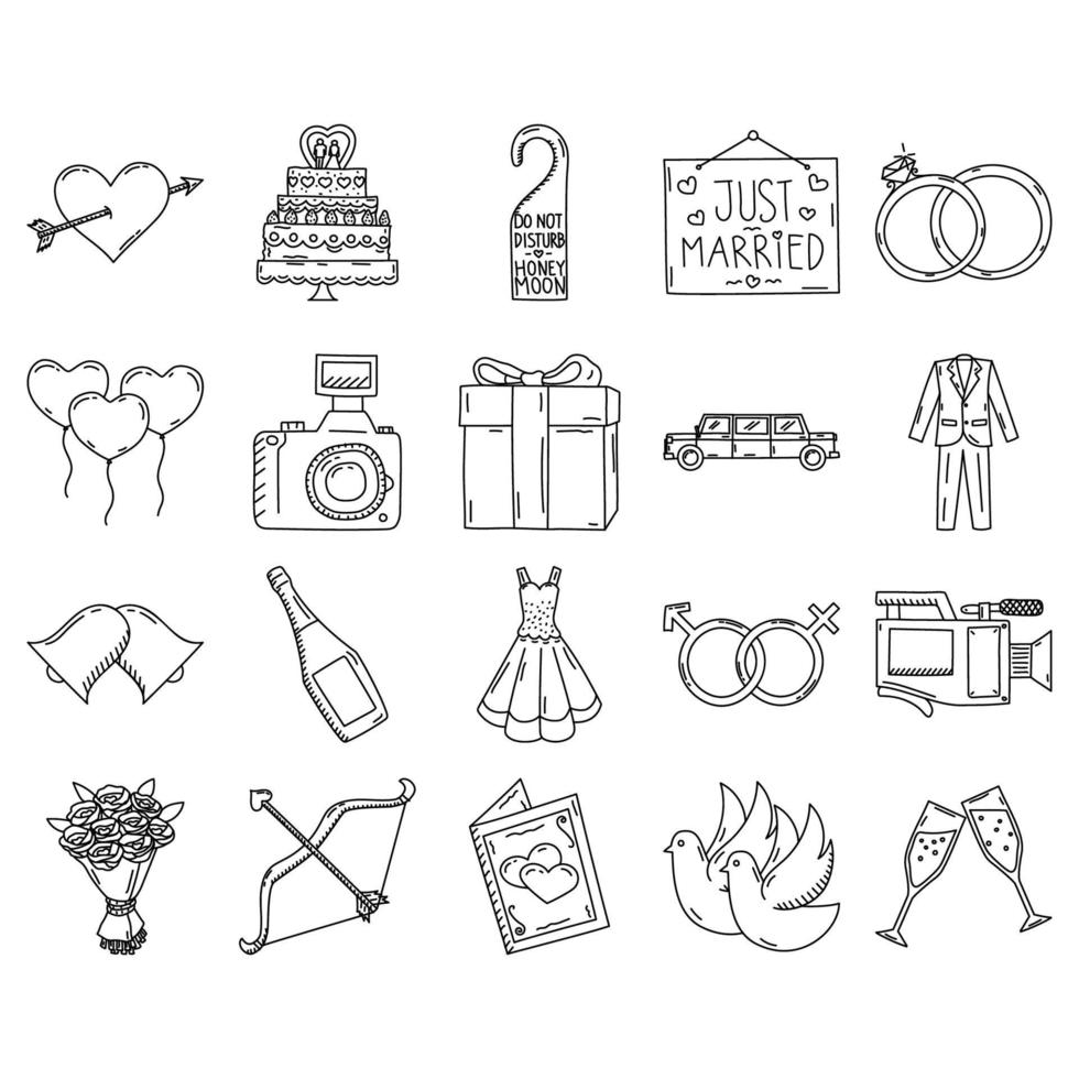 conjunto de iconos de boda. doddle dibujado a mano o estilo de icono de contorno negro. icono de vector