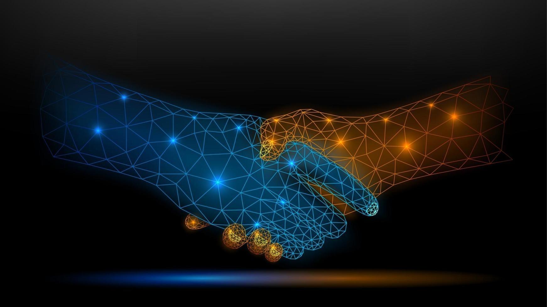 Blue and gold wireframe glowing handshake on dark background vector