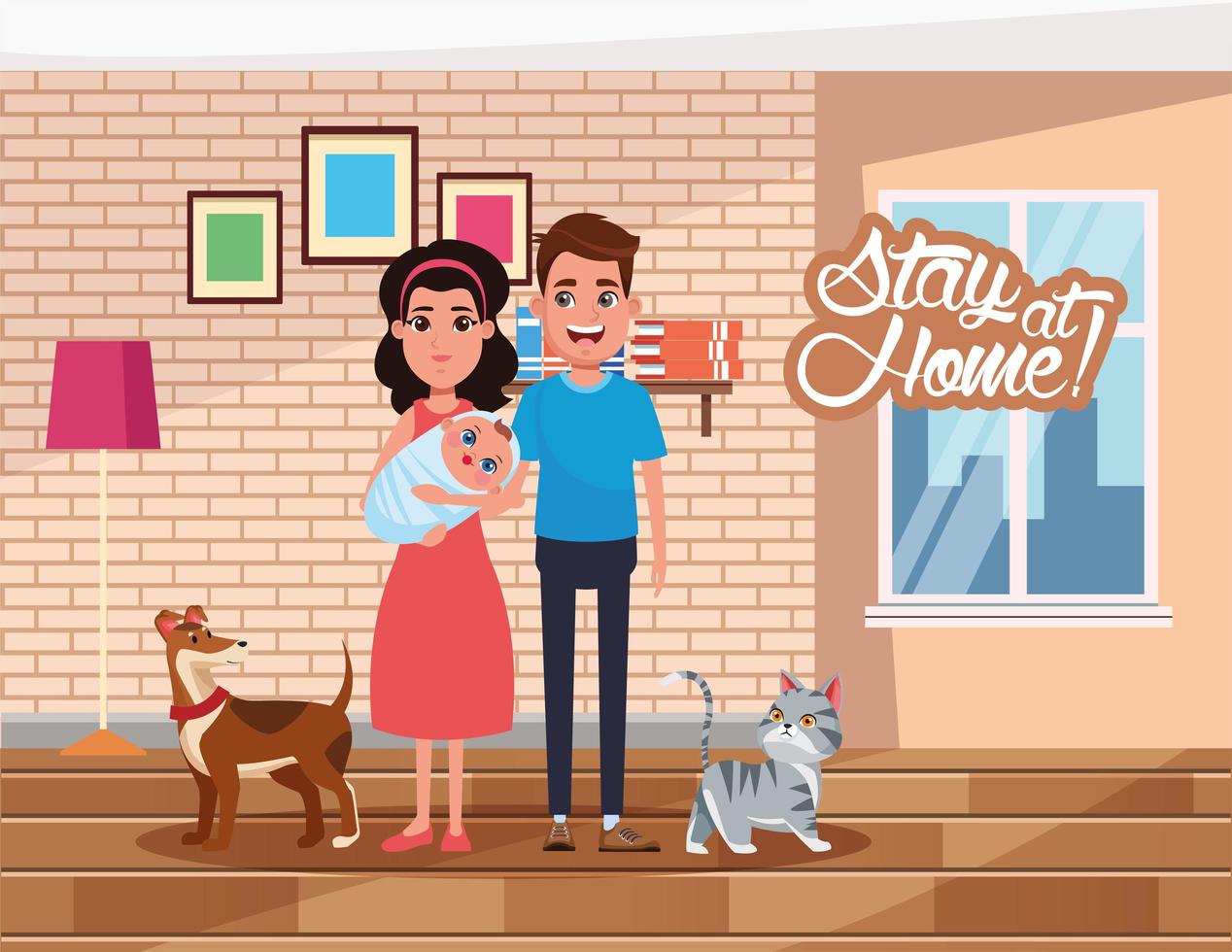 stay at home campaign with parents lifting baby and pets vector