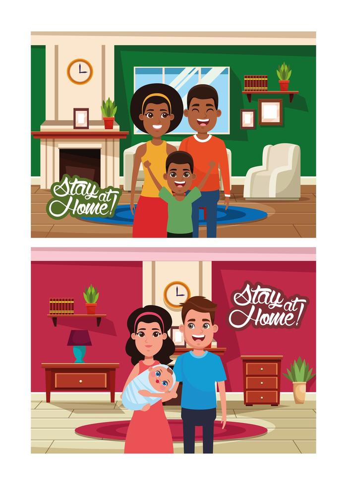 campaña de estancia en casa con familias diversas vector