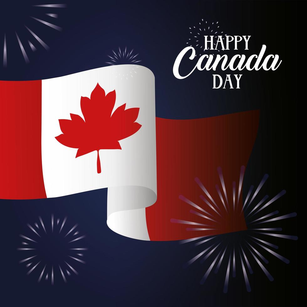 canada day celebration card with flag and fireworks vector