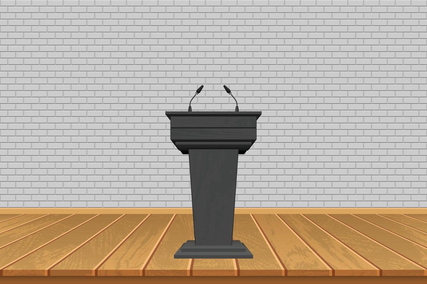 Tribuna de madera con micrófonos en el fondo del escenario vector