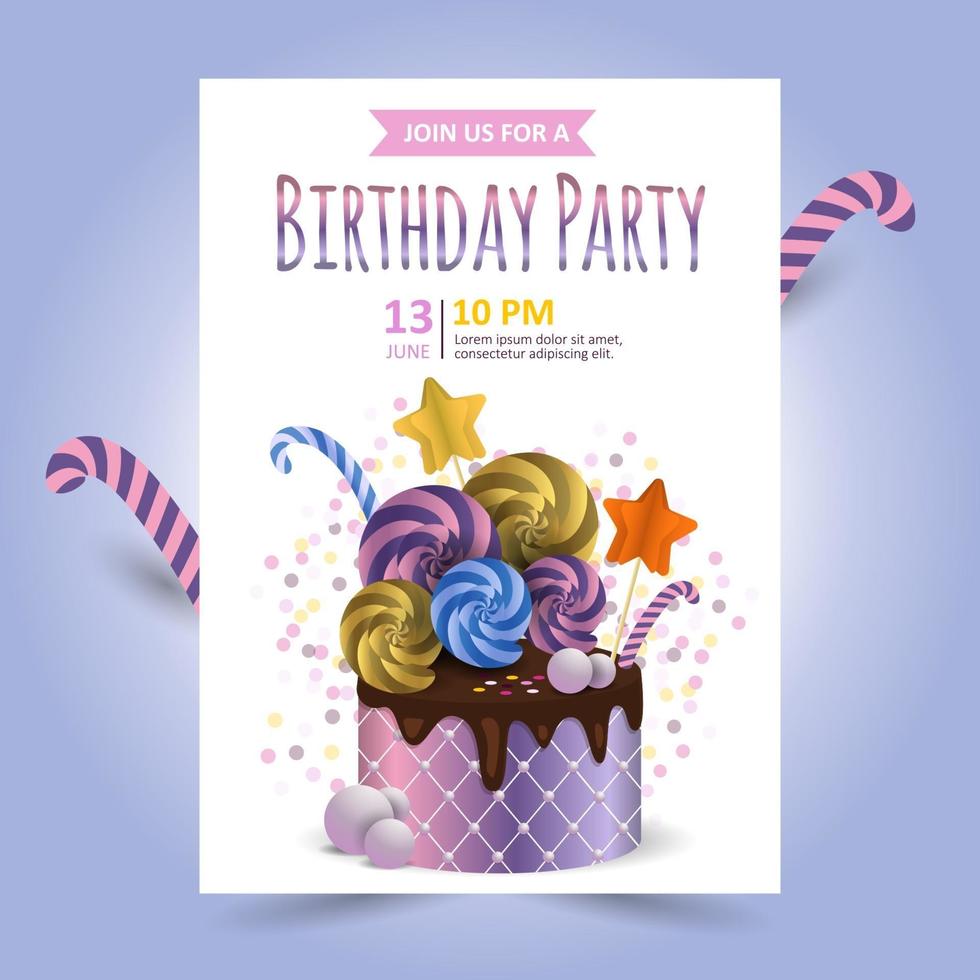 Beautiful cake with chocolate and candies and confetti. Holiday Invitation Vector Template