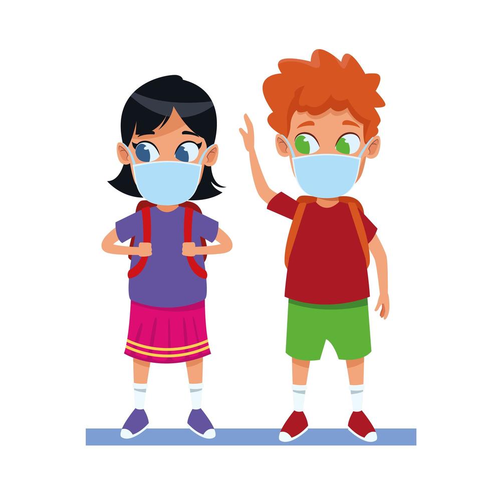little kids couple using face masks for covid19 vector