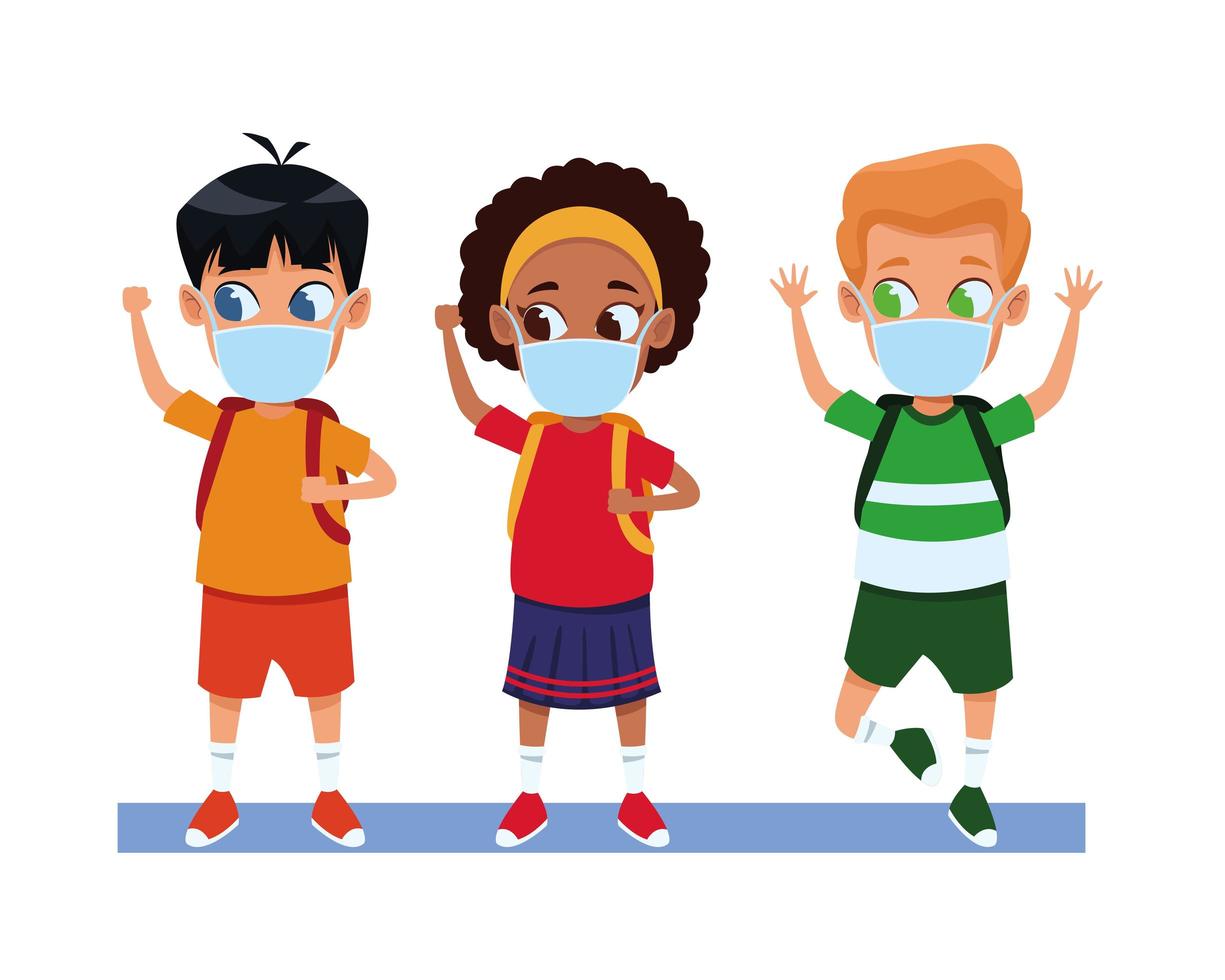 diverse kids using face masks for covid19 vector