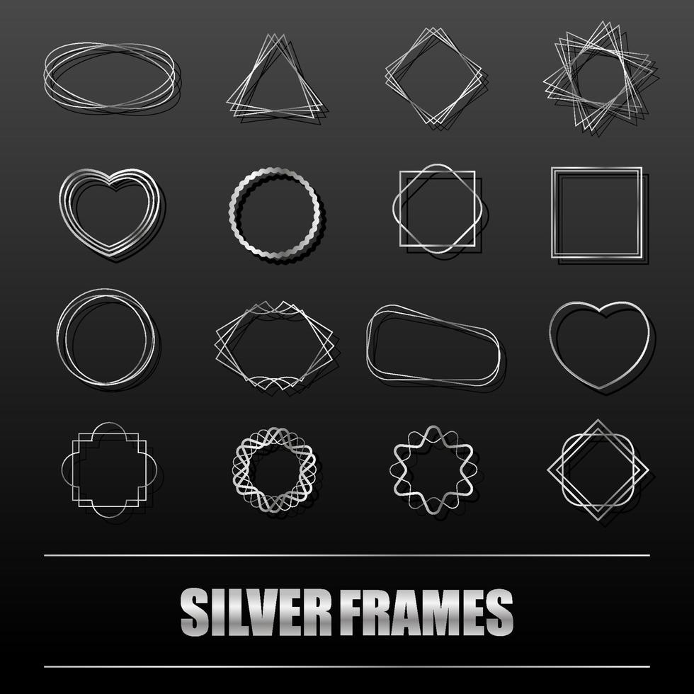 Big set of silver metal frames for banners, cards, invitations, weddings and holidays. Geometric shapes circle, heart, square, star. Vector isolated objects on a black background.