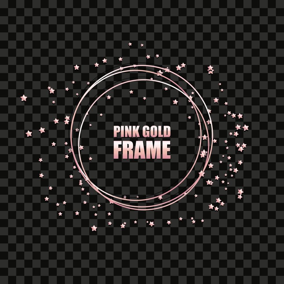 Rose gold metallic realistic round frame for text banner, card. Wedding invitation, birthday and celebration. Vector isolated object on a black background with shiny sparkles.
