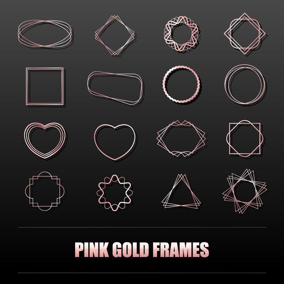 Big set of rose gold metal frames for banners, cards, invitations, weddings and holidays. Geometric shapes circle, heart, square, star. Vector isolated objects on a black background.