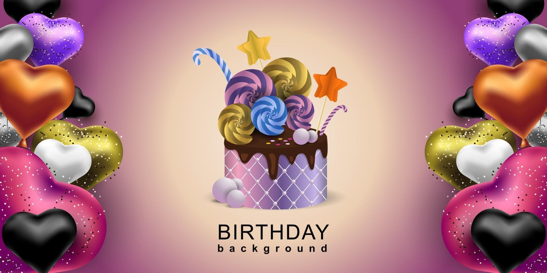 Happy Birthday Background. Colorful balloons heart shape and chocolate cake Vector invitation banner.