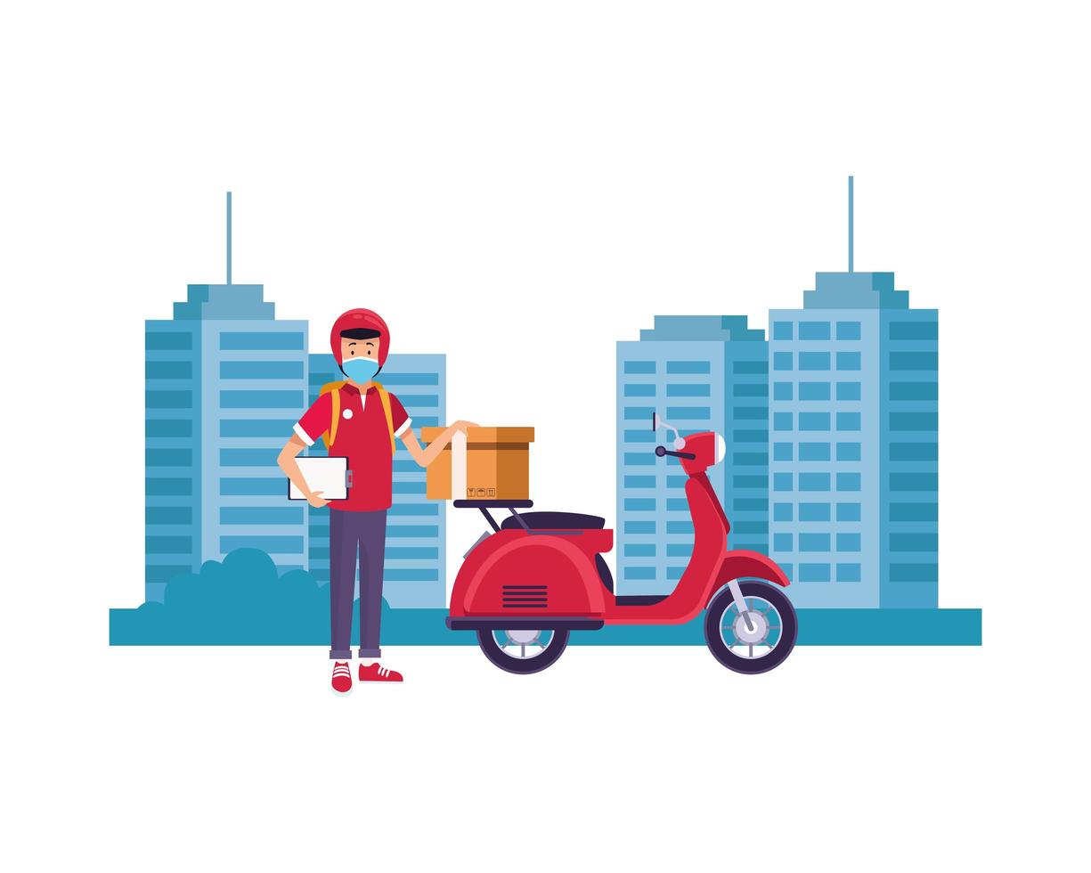Trabajador de entrega con mascarilla con motocicleta en la ciudad vector
