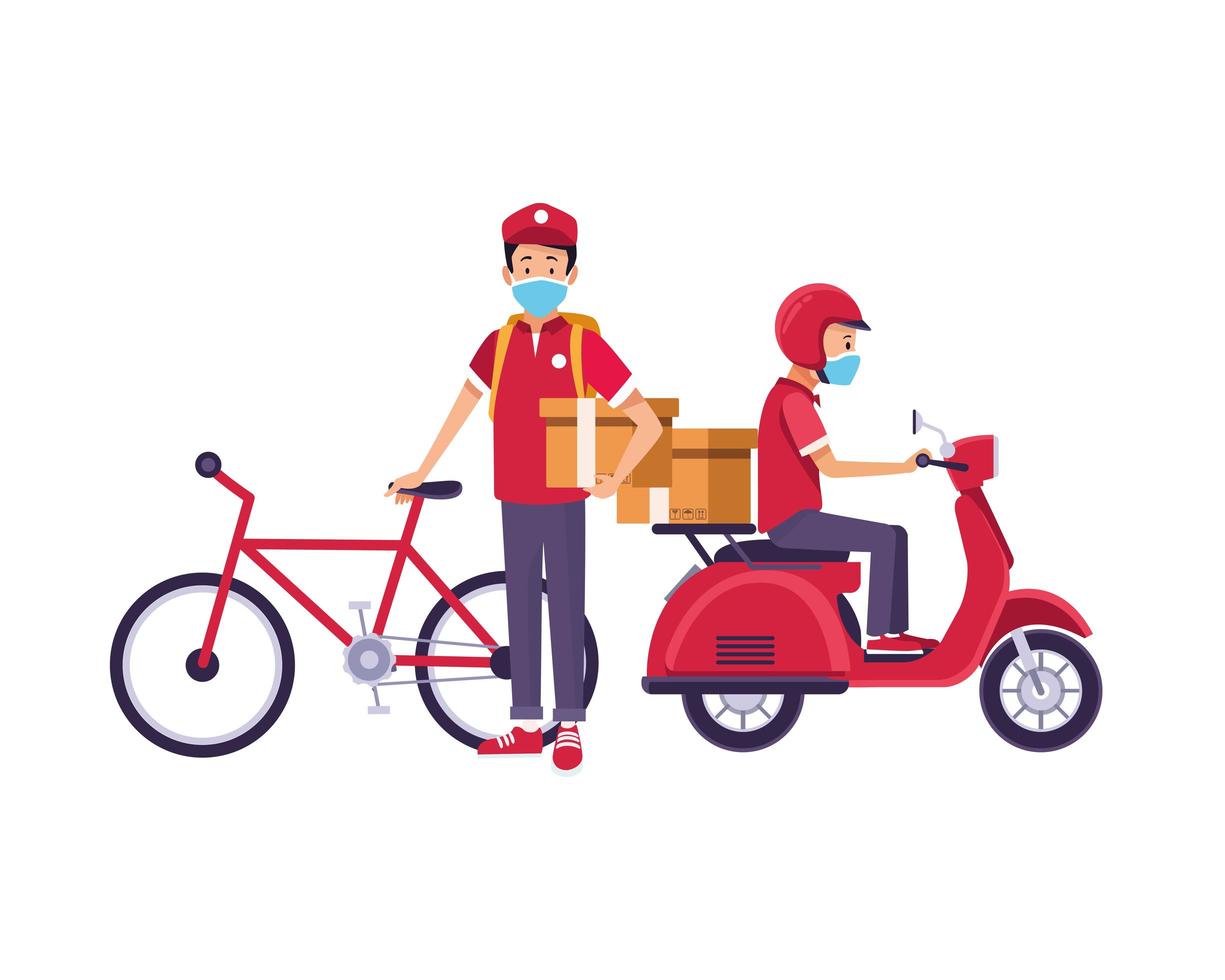 delivery workers with face masks and motorcycle and bicycle vector