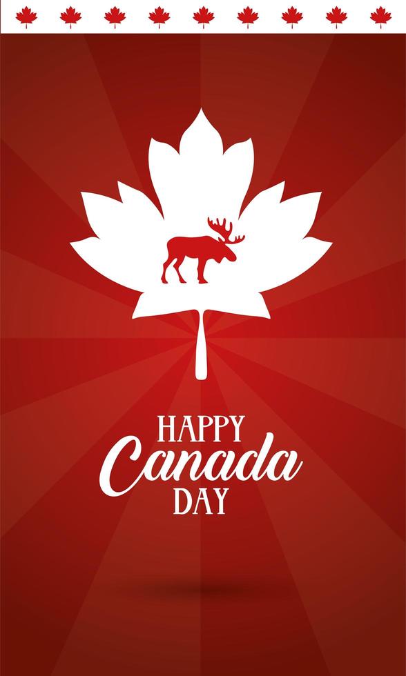 canada day celebration card with maple leaf and reindeer silhouette vector