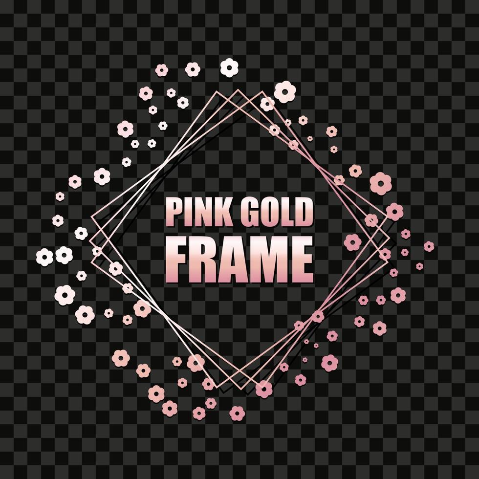 Rose gold metallic realistic square frame for text banner, card. Wedding invitation, birthday and celebration. Vector isolated object on a dark transparent background with shiny flowers.