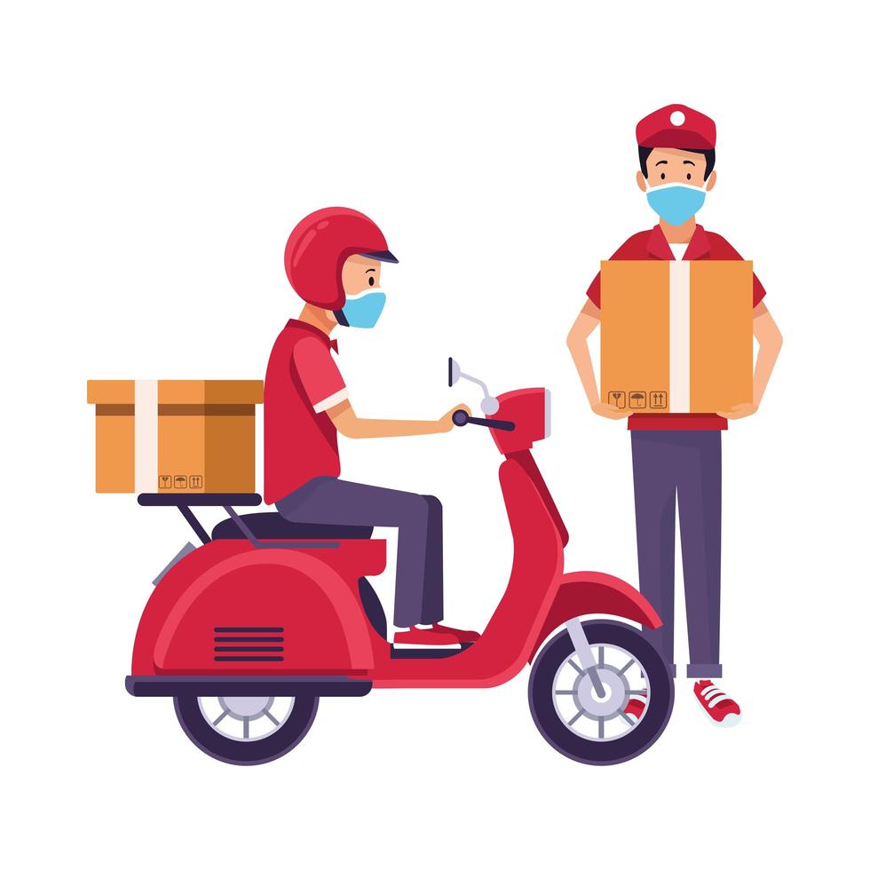 delivery workers with face masks and motorcycle vector