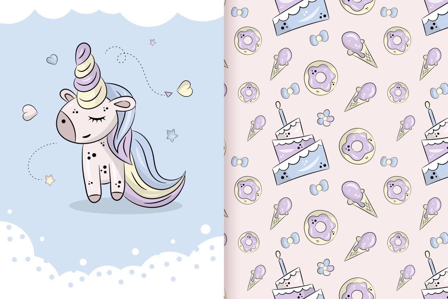 Little cute unicorn on a blue background with stars. Vector hand drawn illustration and seamless pattern