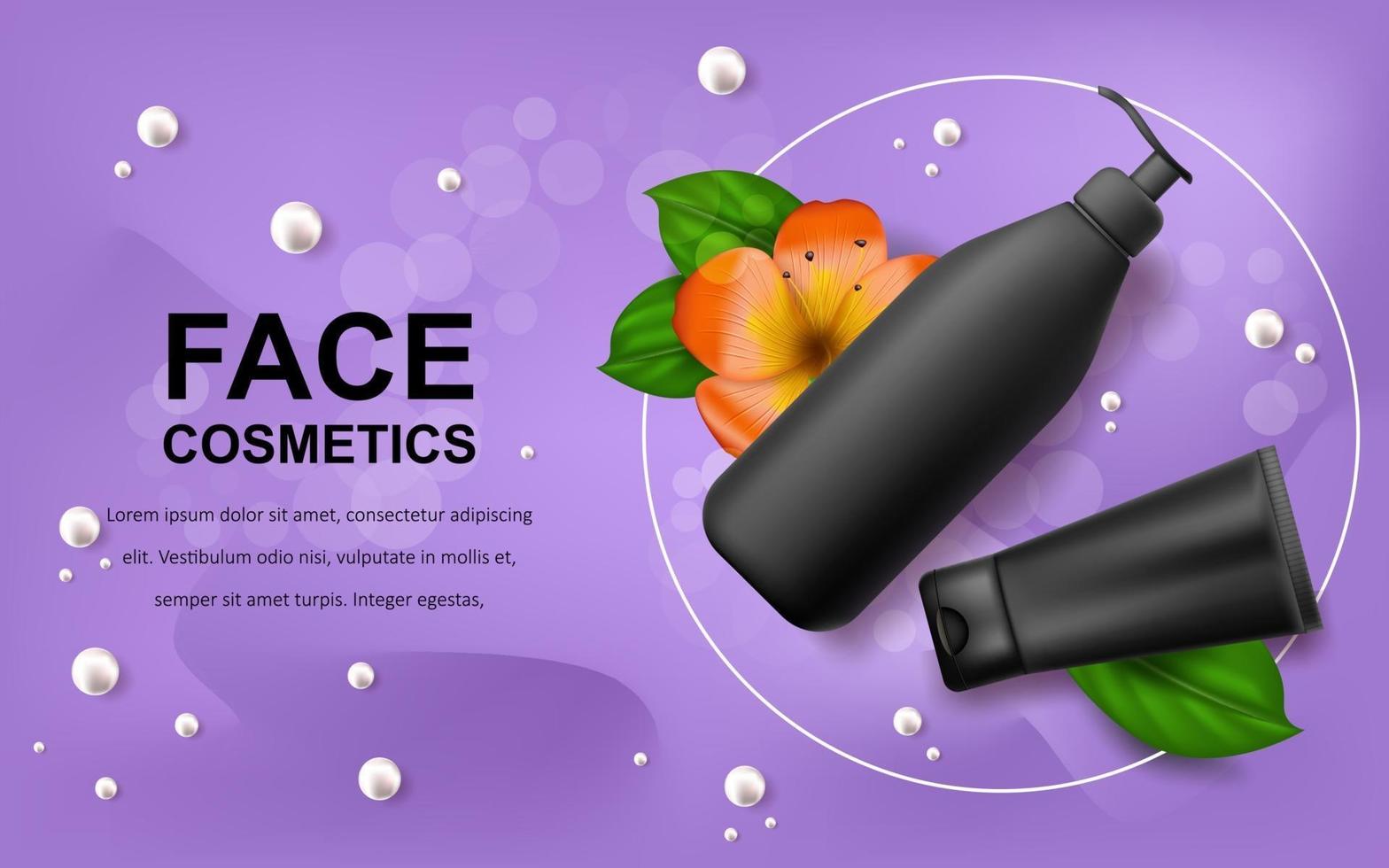 Vector realistic illustration with empty mockup black cosmetic botlles Tropical Hawaiian flower. Banner for advertising and promotion of cosmetic products. Use for posters, cards