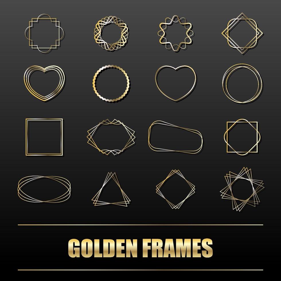 Big set of gold metal frames for banners, cards, invitations, weddings and holidays. Geometric shapes circle, heart, square, star. Vector isolated objects on a black background.