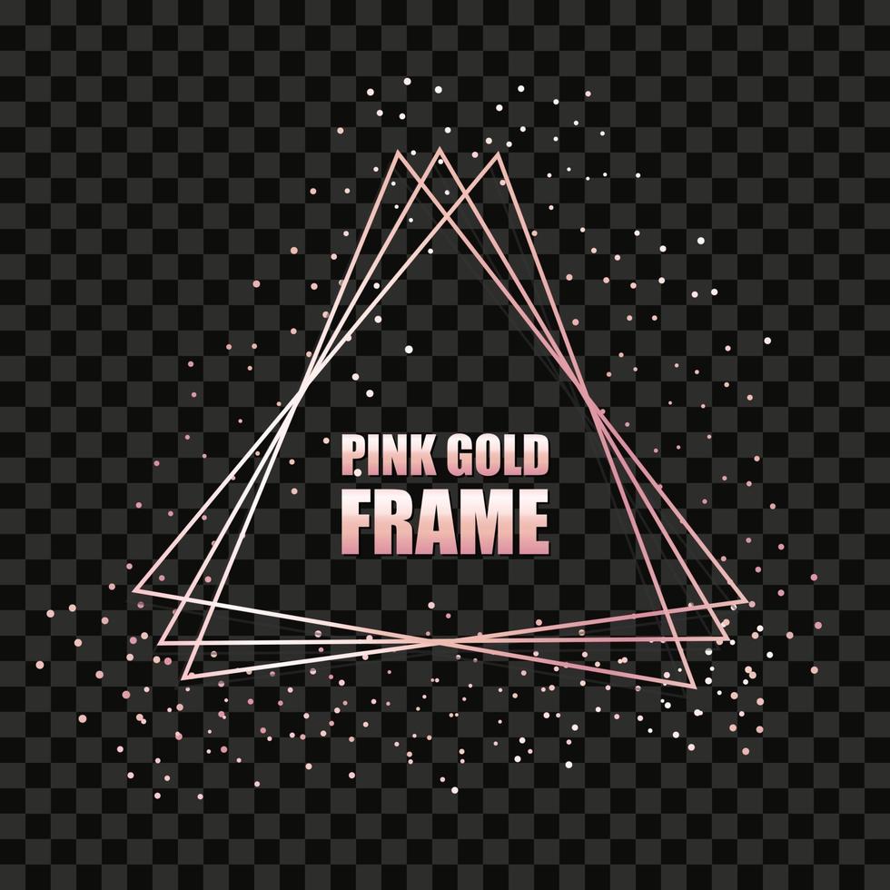 Rose gold metal realistic triangular frame for text banner, card. Wedding invitation, birthday and celebration. Vector isolated object on a black background with shiny sparkles. Luxury illustration