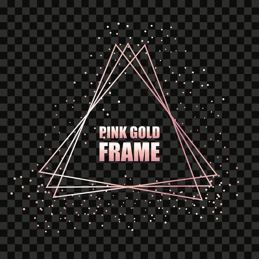 Marco triangular realista de metal dorado rosa para banner de texto, tarjeta. invitación de boda, cumpleaños y celebración. vector objeto aislado sobre un fondo negro con destellos brillantes. ilustración de lujo